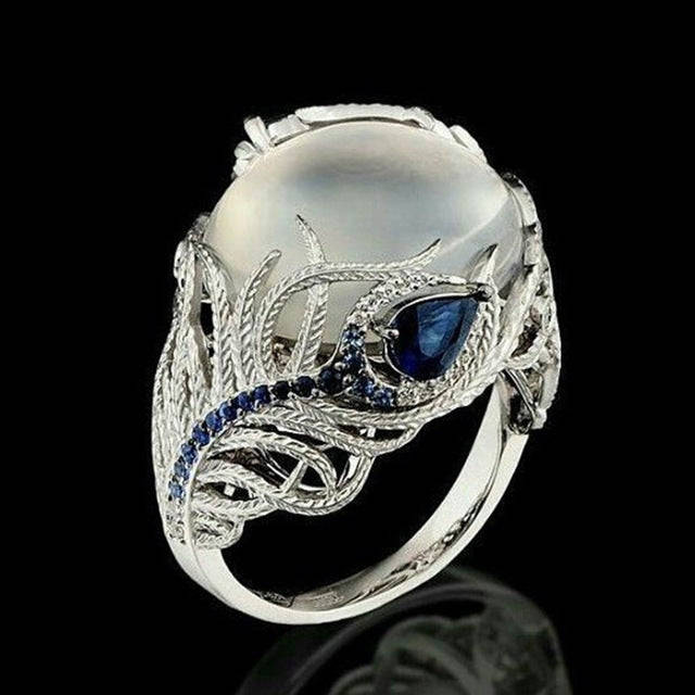 Vintage Silver Hollow Natural Opal Rings Feather Pattern Rings for Women Jewelry, Ring Size:9