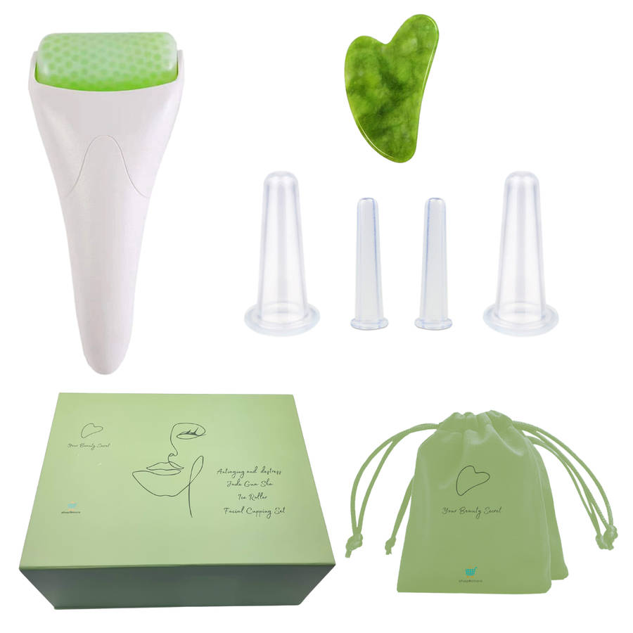 Gua Sha, Face Roller & 4 Cuppings for Facial Massage Set, Skin Care Tools