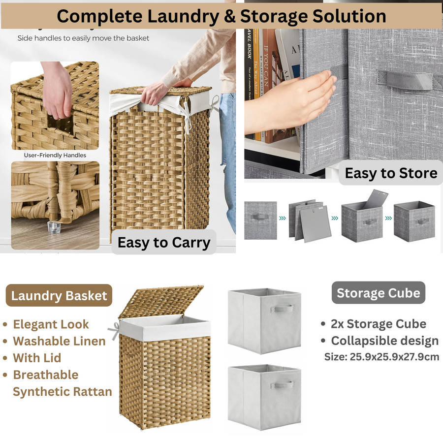 90L Laundry Basket With Lid, Compartment & Linen,2 Collapsible Storage Cube