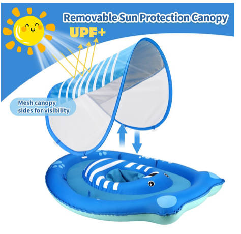Inflatable Baby Swim Float with Sun Canopy ,Infant & Children Pool Floaties - Blue