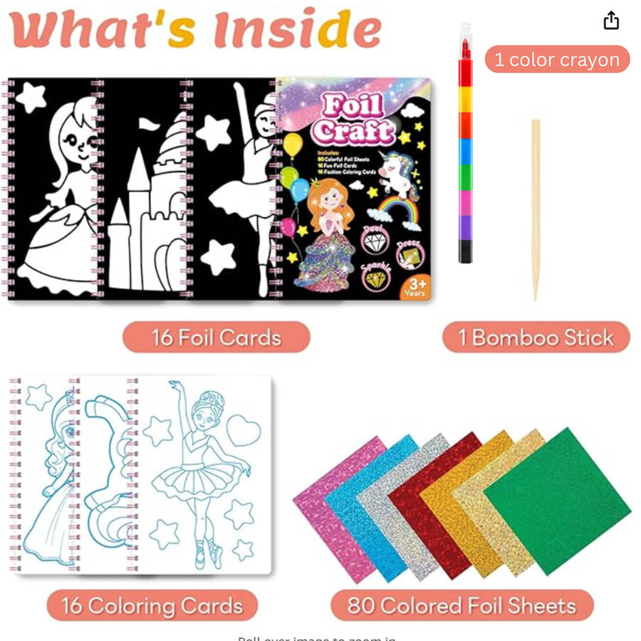 Princess Foil Art Craft Kids Activity Kit, DIY, Fun Art Supplies,Travel Toy