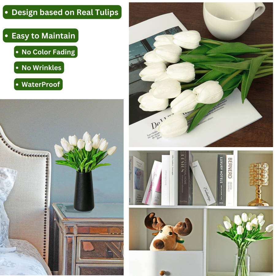 10 Pack - White Flowers Artificial Tulip Silk Fake Flowers 35cm