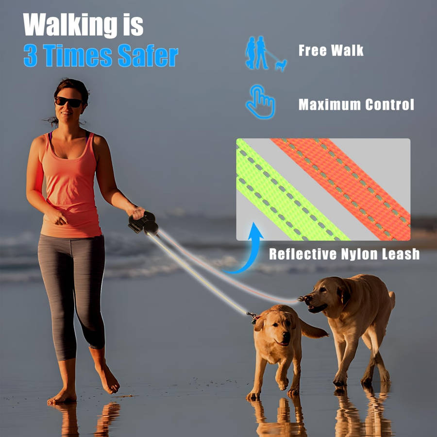 Dual Retractable Dog Leash with LED Light, 3M Leash with 360 Tangle-Free