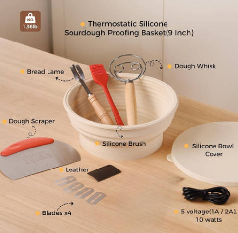 9 Pcs Electric Banneton Sourdough Bread Proofing Basket Set,Silicone Warmer