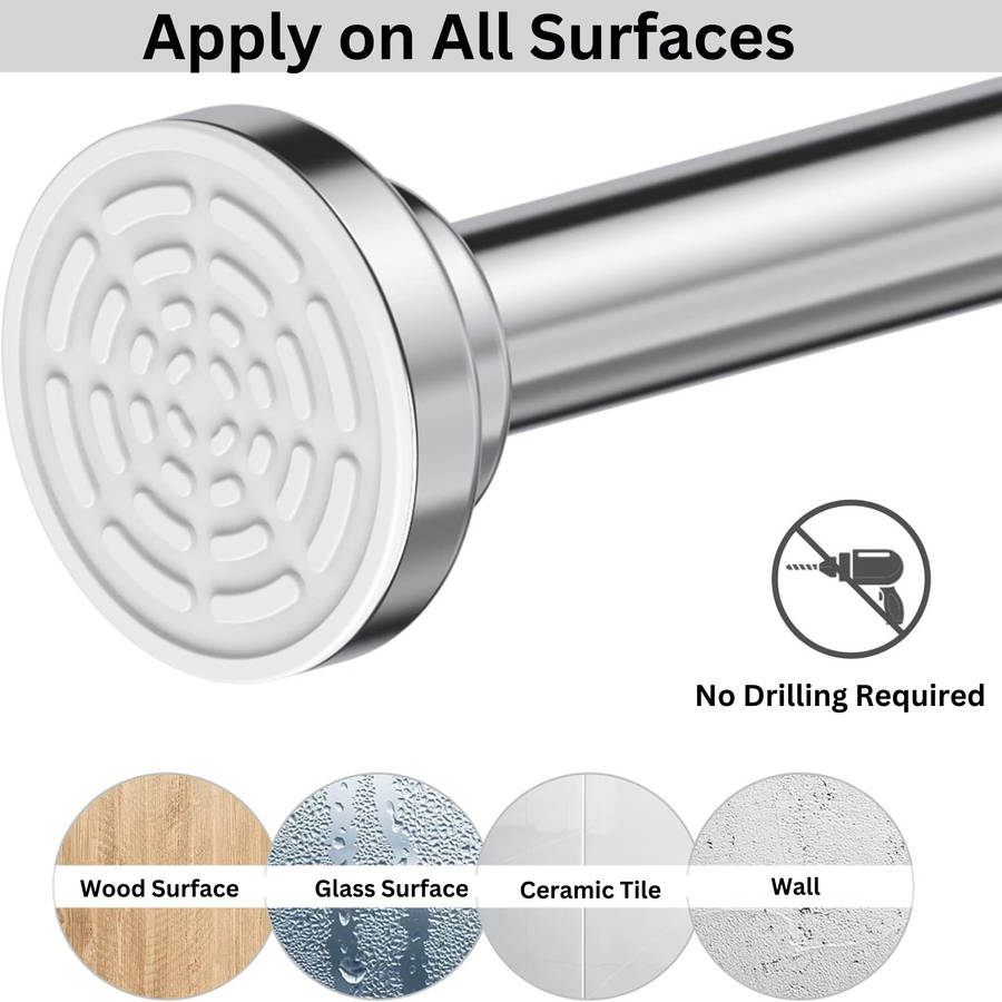 Shower Curtain Rod Extendable & 12x Shower Curtain Hooks, No Drilling