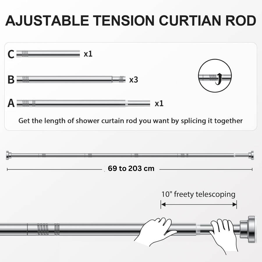 Shower Curtain Rod Extendable & 12x Shower Curtain Hooks, No Drilling
