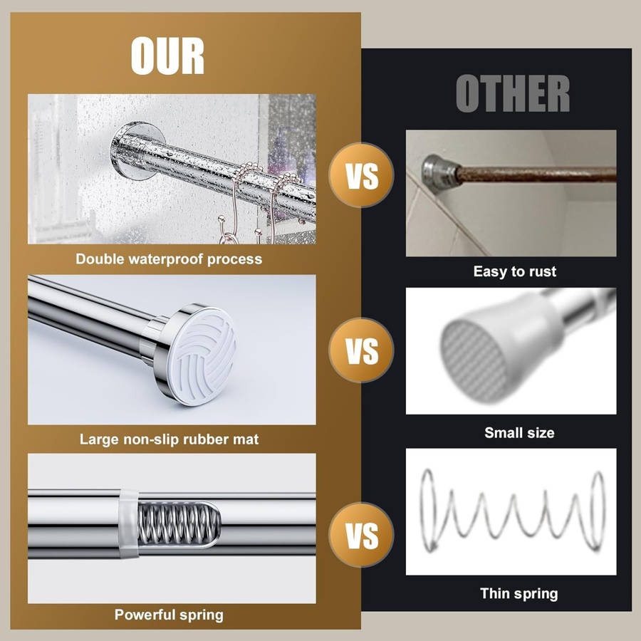 Shower Curtain Rod Extendable & 12x Shower Curtain Hooks, No Drilling