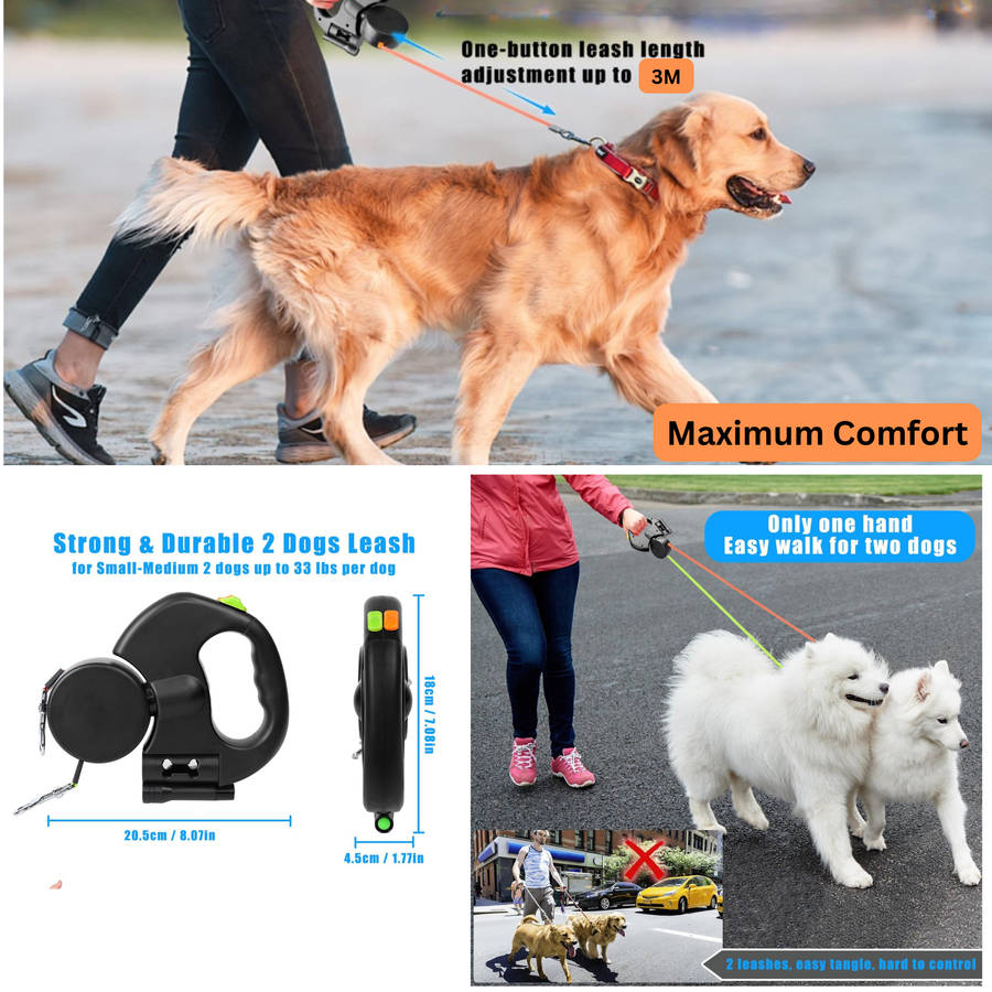 Dual Retractable Dog Leash with LED Light, 3M Leash with 360 Tangle-Free