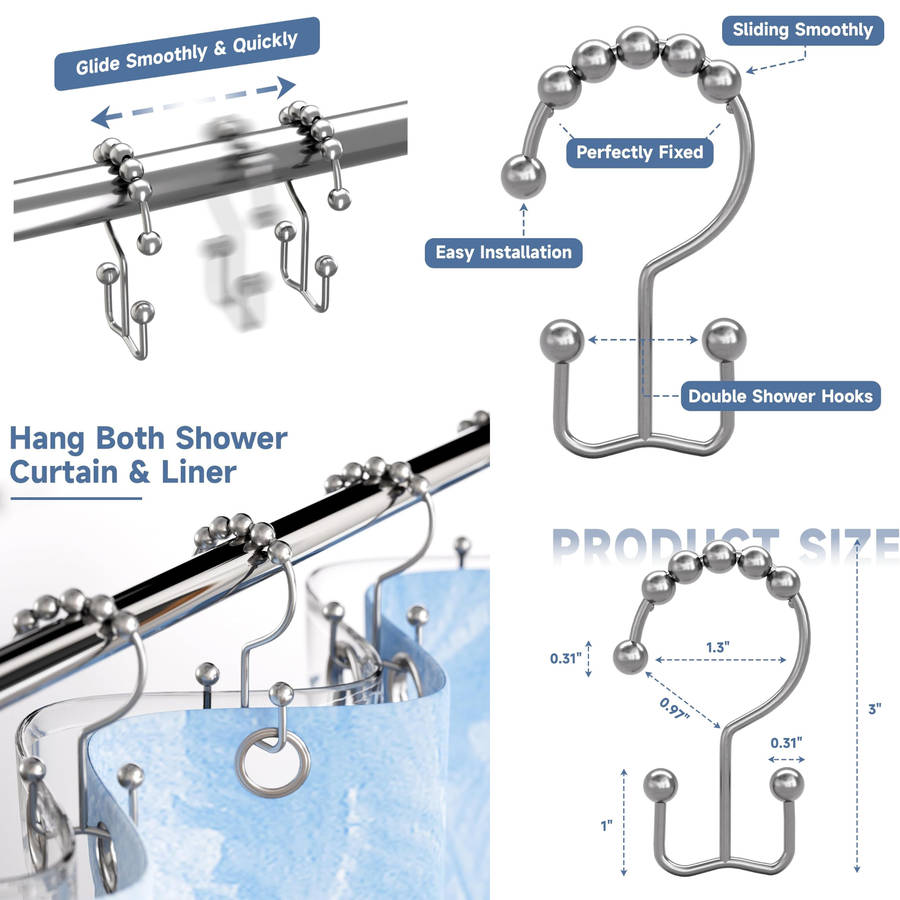 Shower Curtain Rod Extendable & 12x Shower Curtain Hooks, No Drilling