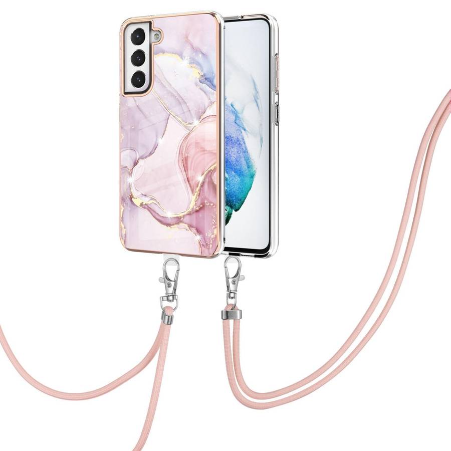 For Samsung Galaxy S21 FE 5G Electroplating Marble Pattern IMD TPU Shockproof Case with Neck Lany...