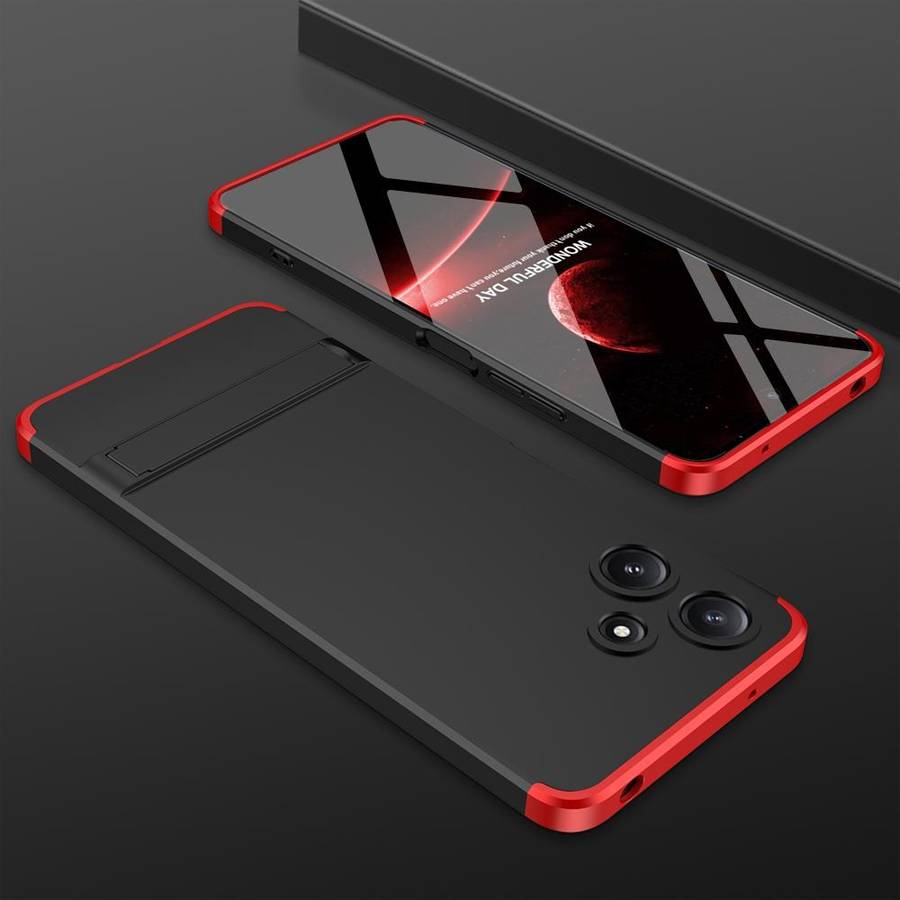 For Xiaomi Redmi 12 5G GKK Three Stage Splicing Full Coverage PC Phone Case with Stand(Black Red)