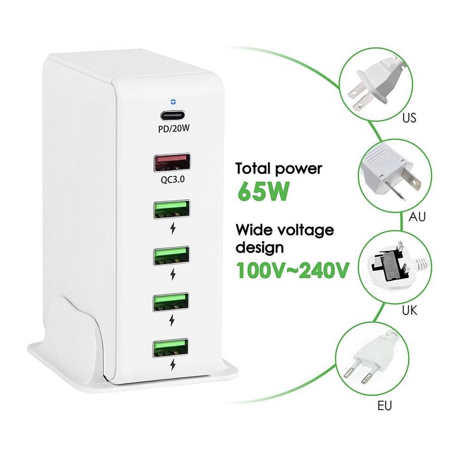 6 in 1 65W PD USB-C / Type-C + QC 3.0 USB + 4 USB Multi-port Travel Charger, UK Plug(White)