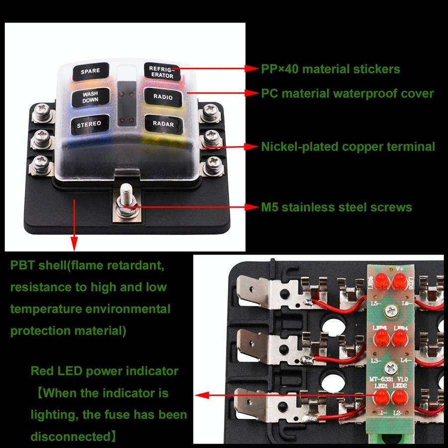 1 in 6 Out 6 Way Circuit Fuse Box Screw Terminal Section Fuse Holder Kits with LED Warning Indica...