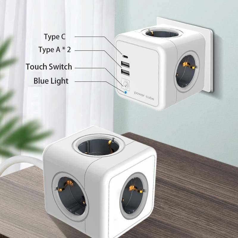 Creative Power Cube Socket Conversion Socket, EU Plug 1.5m Blue+U+ Switch