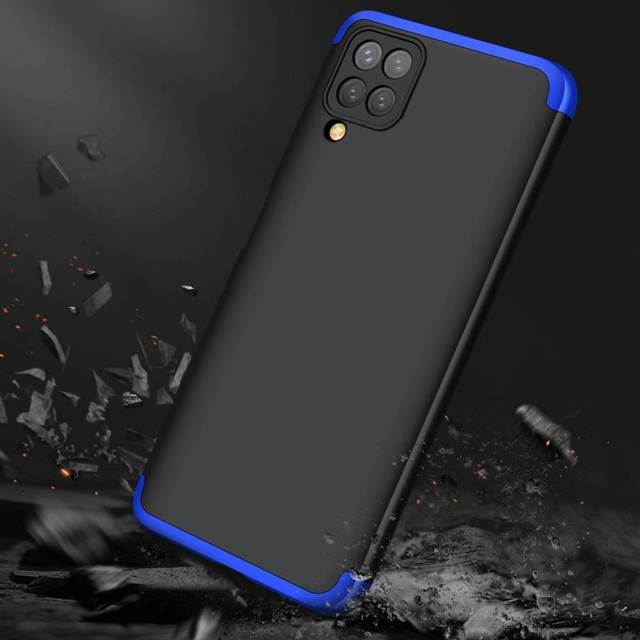 For Samsung Galaxy A12 GKK Three Stage Splicing Full Coverage PC Case(Black+Blue)