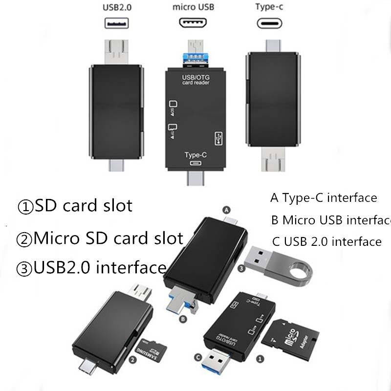 2 PCS Type-C & Micro USB & USB 2.0 3 in 1 Ports Multi-function Card Reader, Support U Disk / TF /...