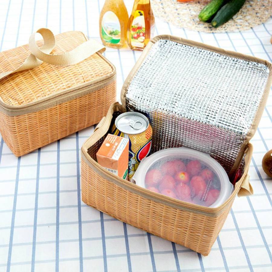 Outdoor Camping Picnic Bag Wicker Picnic Basket Case Thermal Lunch Storage Box(Khaki)