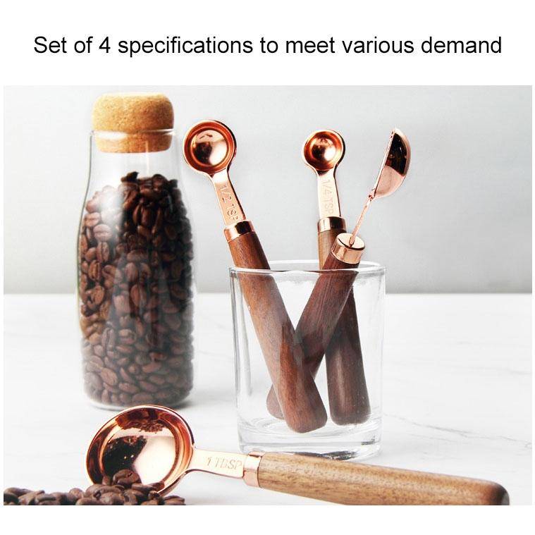 4 PCS / Set Measuring Spoon Walnut Handle Copper-Plated Kitchen Baking Tools Bartender Scale Meas...