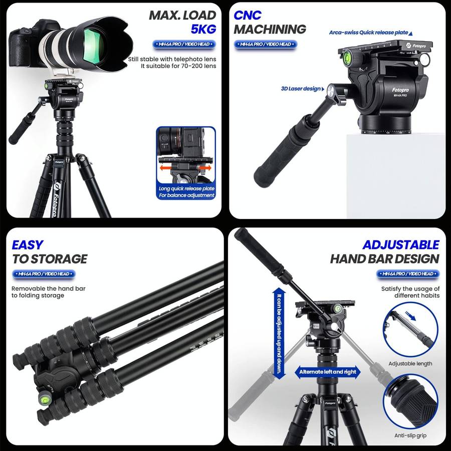 Fotopro MH-6A Pro Aluminum Alloy Heavy Duty Video Camera Tripod Action Fluid Drag Head with Slidi...