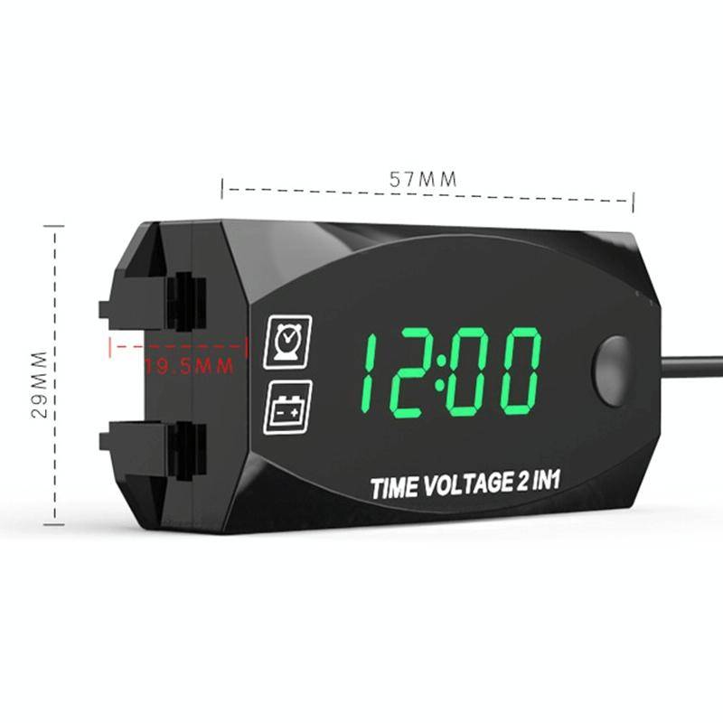 Motorcycle Multi-functional 2 in 1 Digital Display Voltmeter + Electronic Clock, 6-30V IP67 (Gree...