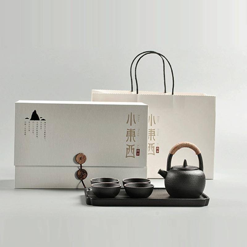 Portable Travel Ceramics Loop Handle Pot Teapot Teacup Set with Tea Tray(Black)