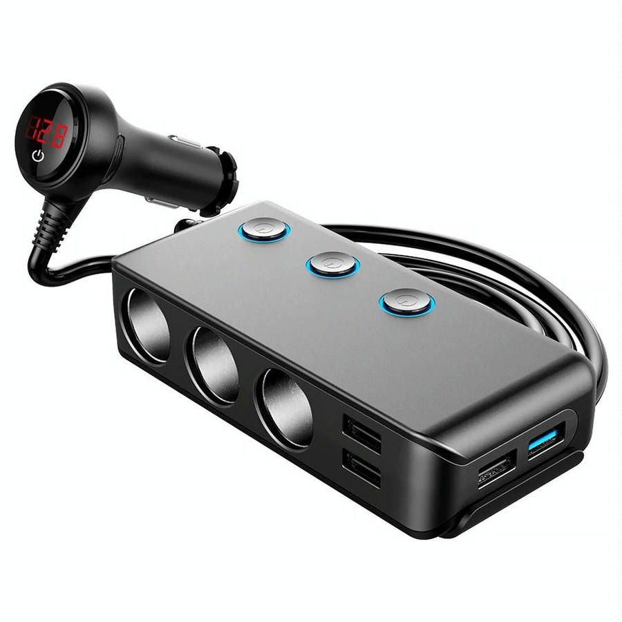 Car Cigarette Lighter Car Charger 3USB Port +1 QC3.0 + 3 Cigarette Lighter Ports + Back Clip Desi...
