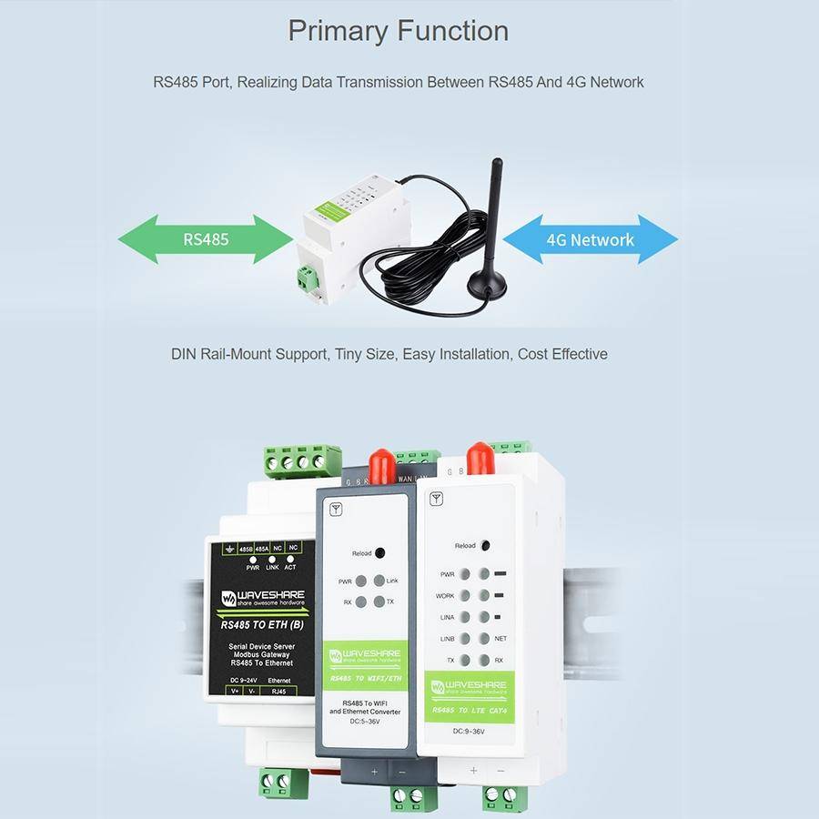 Waveshare Industrial 4G DTU Cellular Demodulator, RS485 to LTE CAT4, DIN Rail-Mount, for EMEA, Ko...