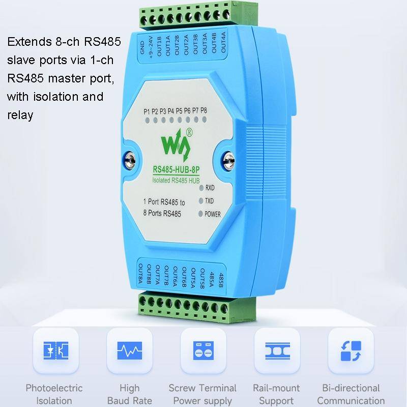 Waveshare RS485-HUB-8P Industrial-grade Isolated 8-ch RS485 Hub, Rail-mount Support, Wide Baud Ra...