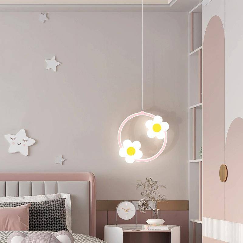 Children Room Bedside Warm Sunflower Chandelier, Color: Round Pink 3 Color Dimmer