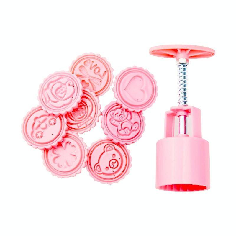 DIY Fondant Cake Mold Biscuit Cookie Cutters Baking Tools with 8 PCS Round Cartoon Patterns(Pink)