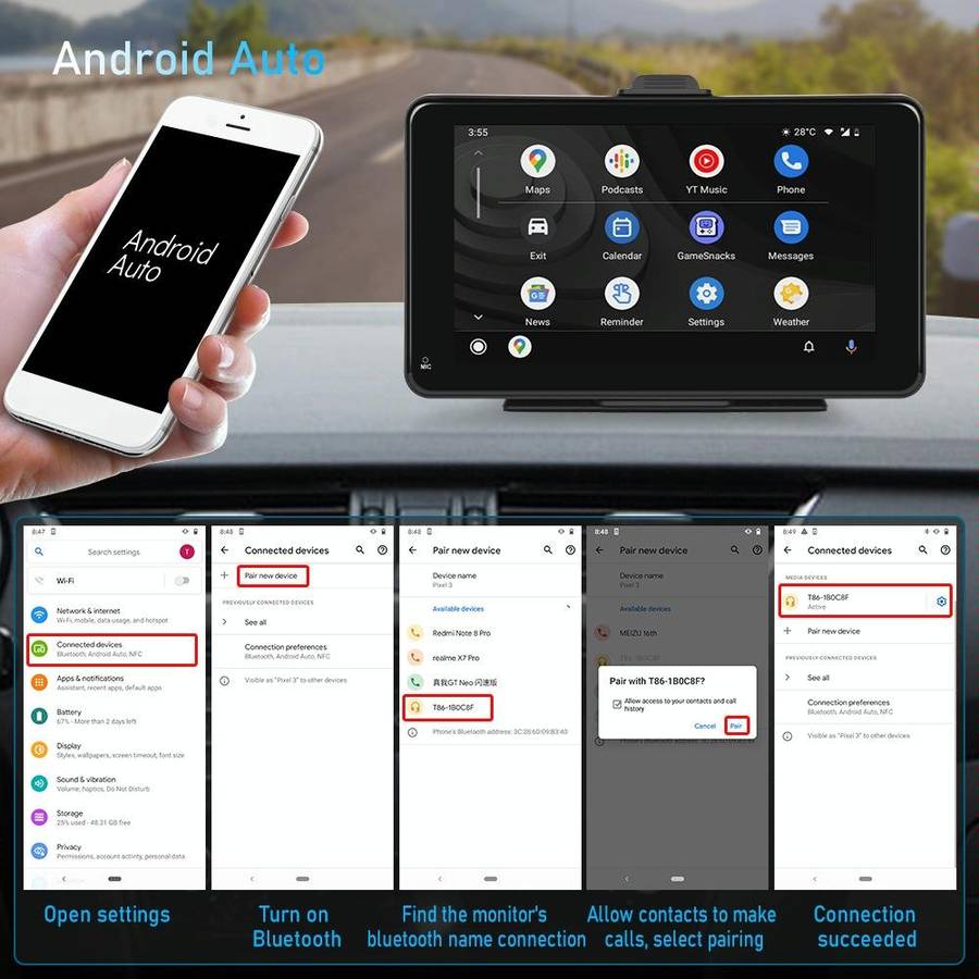 A3135 7 Inches HD Wired Smart Screen With Wireless CarPlay + Android Auto + Android With Camera