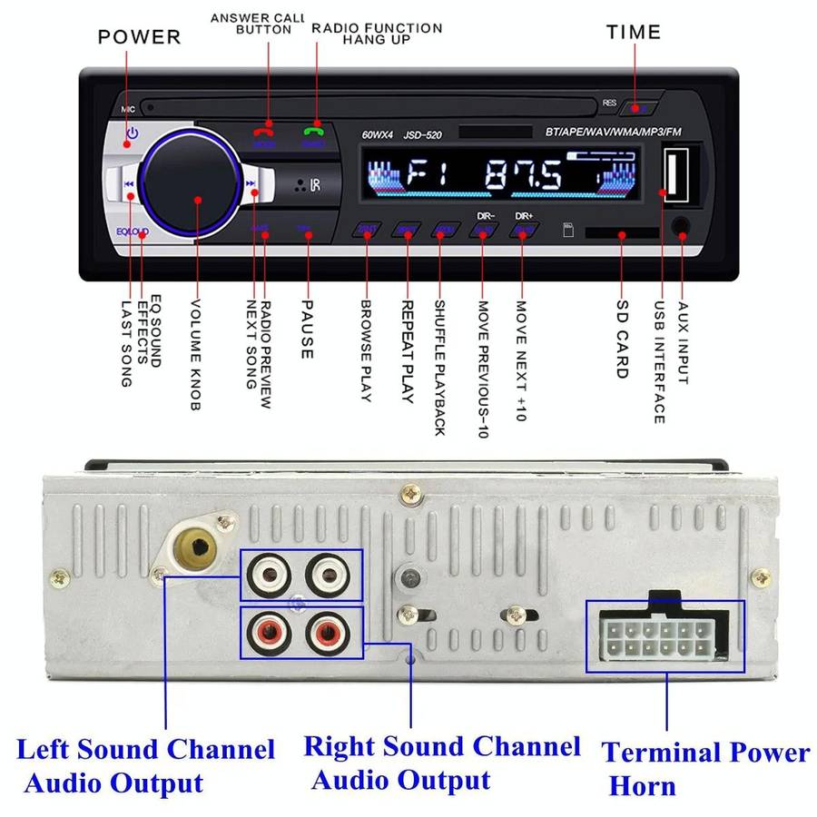 JSD-520 Car Stereo Radio MP3 Audio Player Support Bluetooth Hand-free Calling / FM / USB / SD, Or...