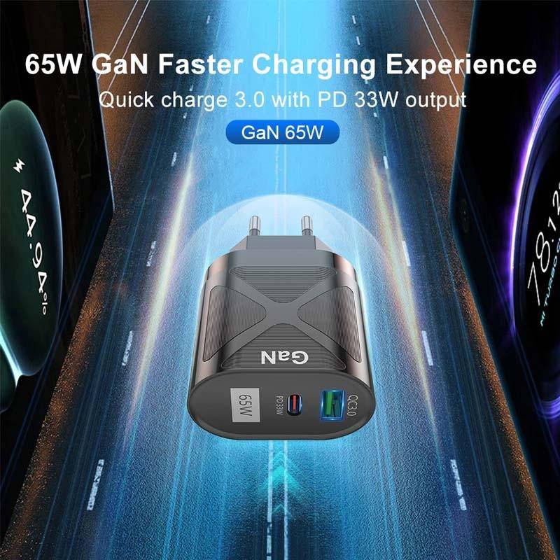 65W GAN PD + QC3.0 Fast Charger Phone Notebook Computer Universal Charging Head, Plug: UK Plug Black