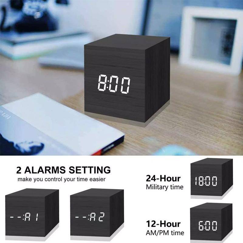 Multicolor Sounds Control Wooden Clock Modern Digital LED Desk Alarm Clock Thermometer Timer Blac...
