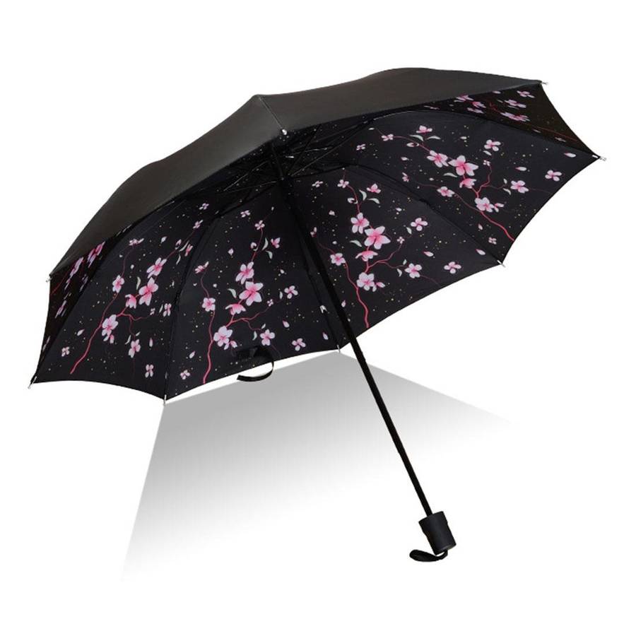 Lightweight Portable Three Folding Folding Umbrella, Black Waterproof Anti-UV, K Pattern