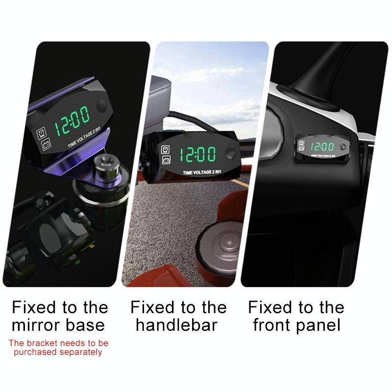 Motorcycle Multi-functional 2 in 1 Digital Display Voltmeter + Electronic Clock, 6-30V IP67 (Gree...