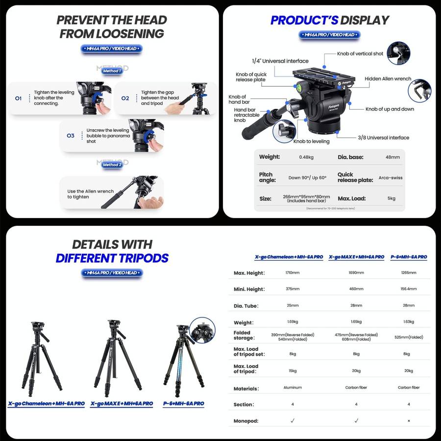 Fotopro MH-6A Pro Aluminum Alloy Heavy Duty Video Camera Tripod Action Fluid Drag Head with Slidi...