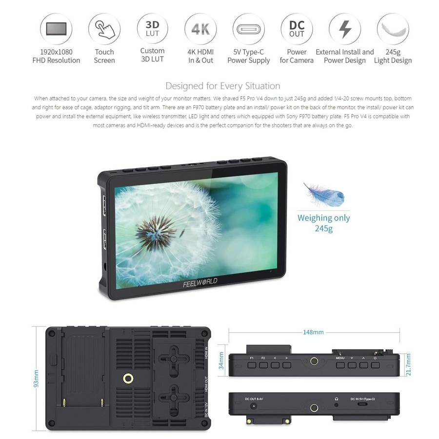 FEELWORLD F5 Pro V4 6 inch Touch Screen DSLR Camera Field Monitor 3D LUT 4K HDMI Input Output Til...