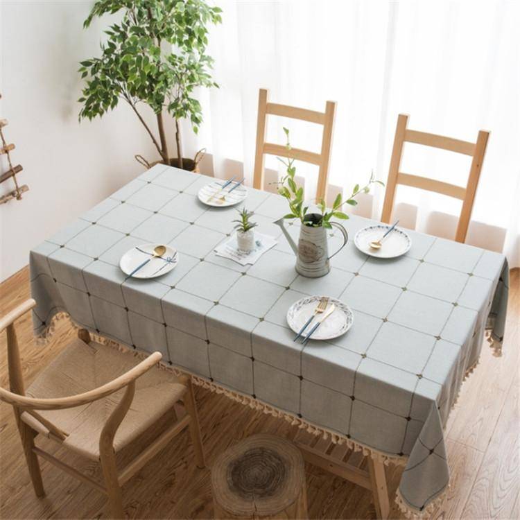 Square Lattice Embroidered Tablecloth Pure Color Cotton Linen Tassel Rectangular Coffee Table Mat...