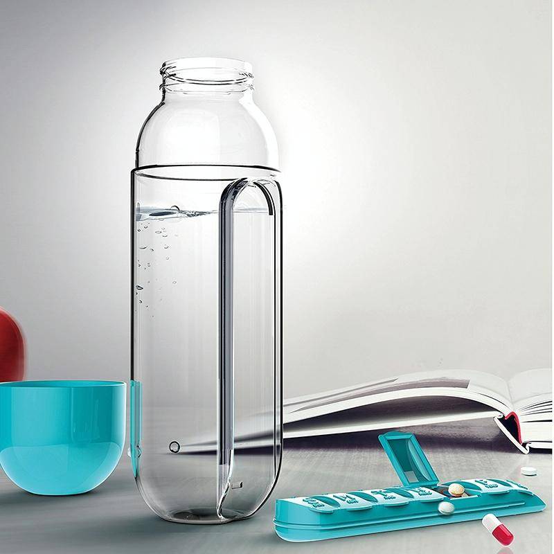600ML Plastic Water Bottle with Daily Pill Box Organizer Drinking Bottles(Blue)