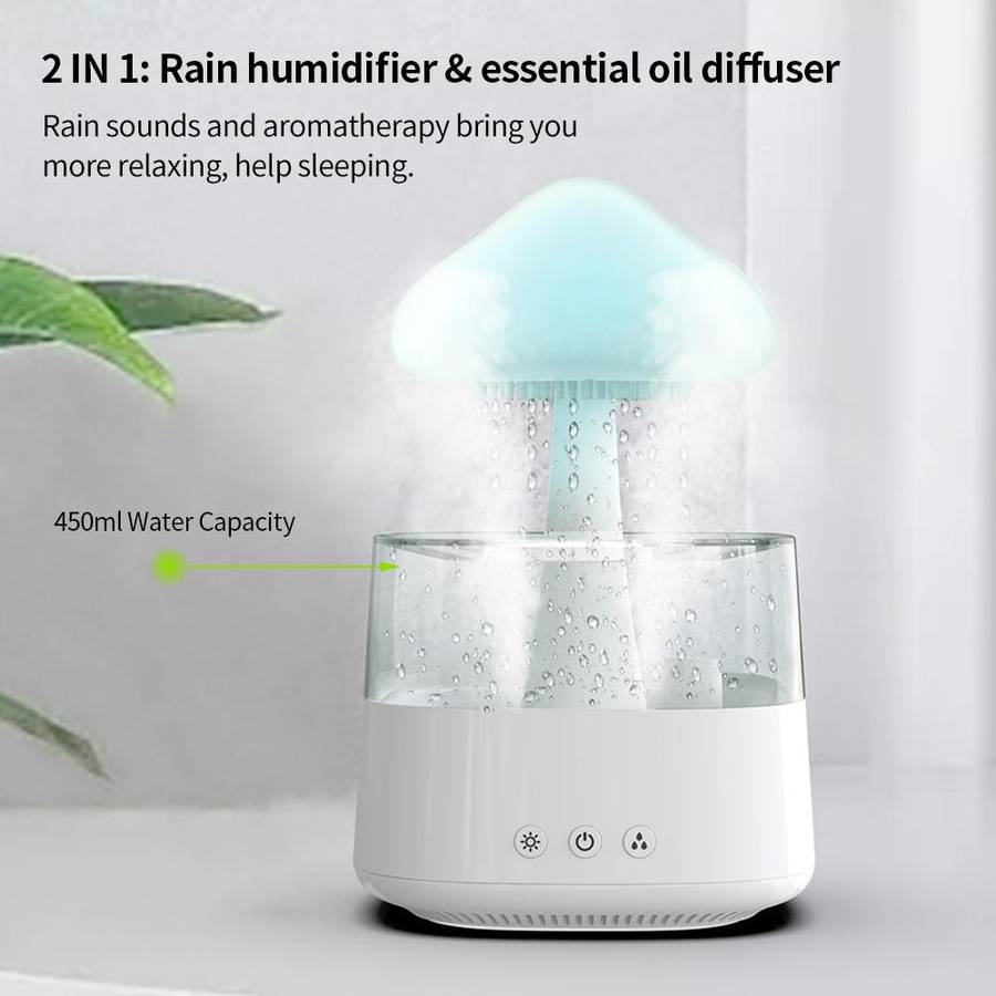 CH08 450ml Rain Humidifier Mushroom Cloud Colorful Night Lamp Aromatherapy Machine, Style: With R...