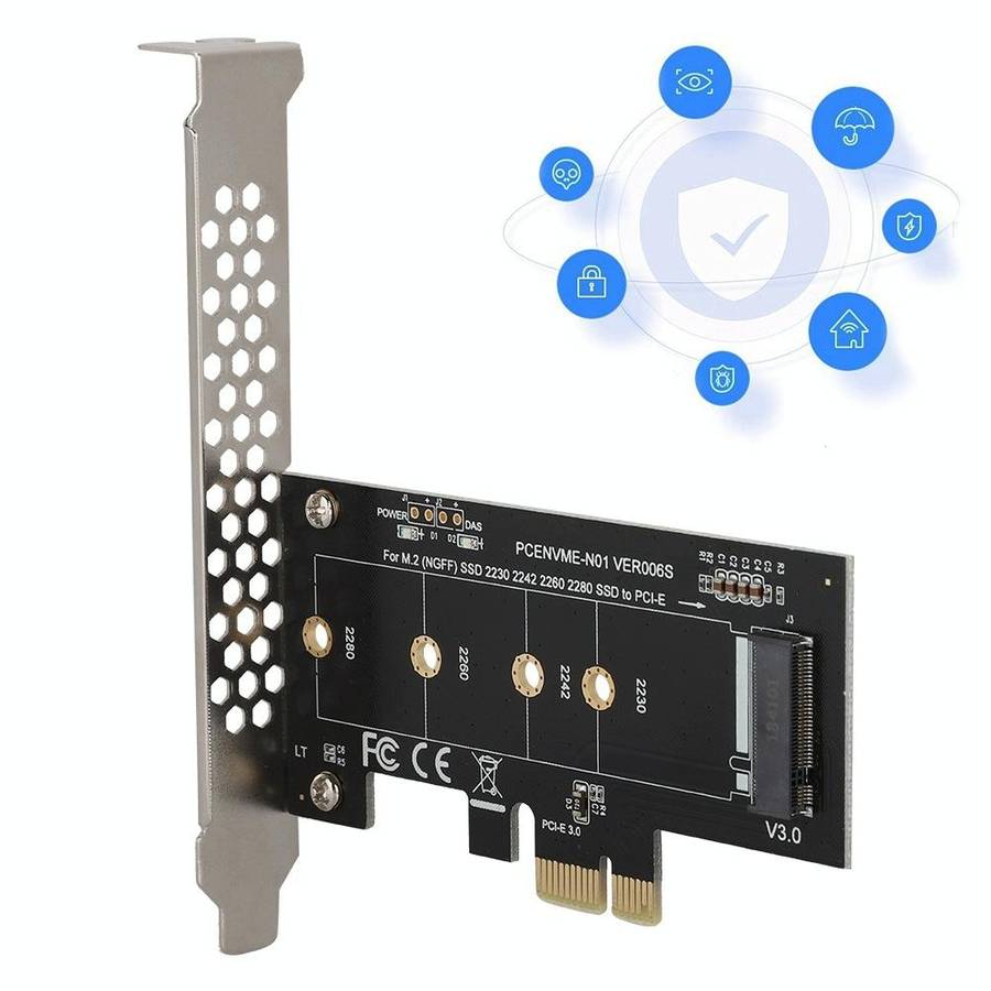 PCI-E 1X To M.2 NVME KEY-M SSD Riser Card Adapter With Baffle