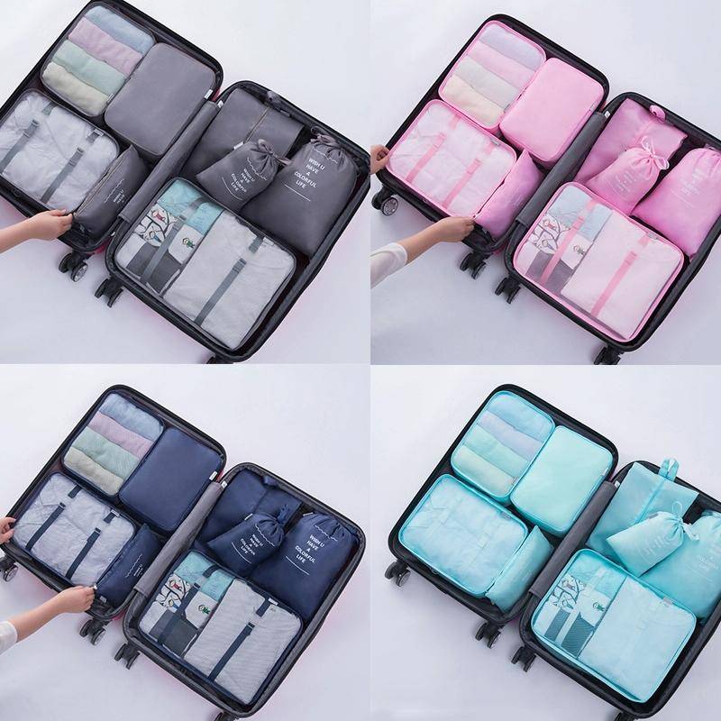 8 In 1 Beam Mouth Travel Storage Bag Set Folding Storage Bag( Beige)