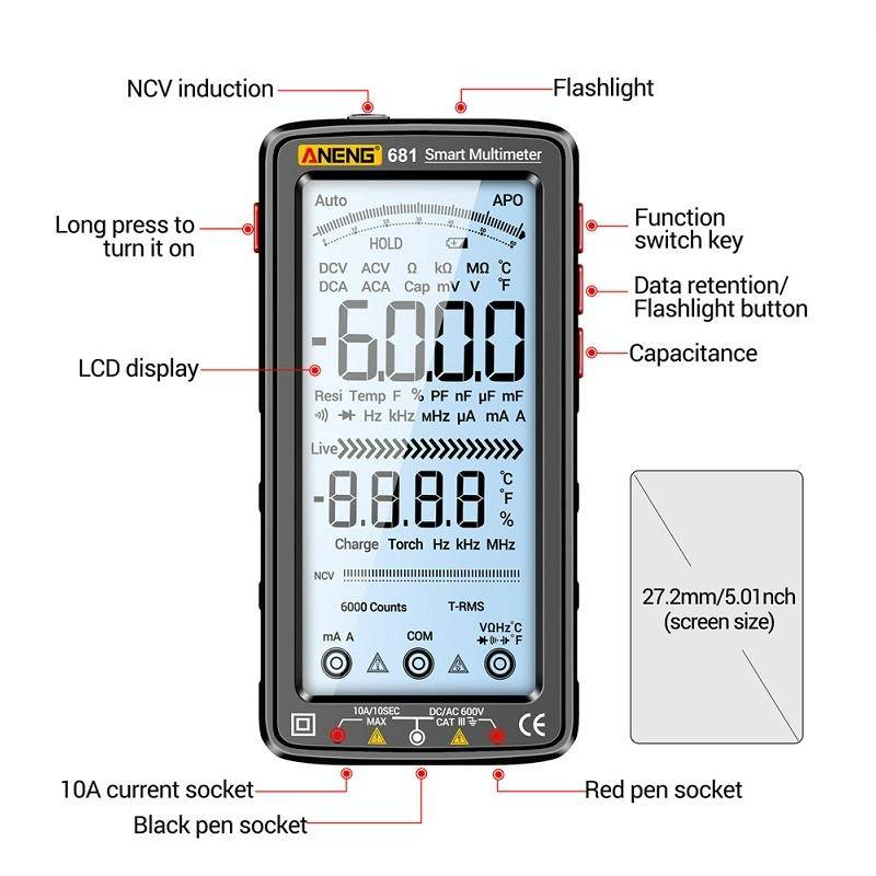 ANENG 681 LCD Digital Display Screen Smart Automatic Range Rechargeable Multimeter(Black)