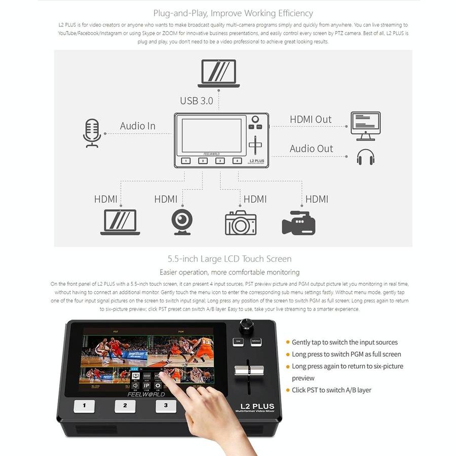FEELWORLD L2 Plus Multi-camera Video Mixer Switcher with 5.5 inch Screen(AU Plug)