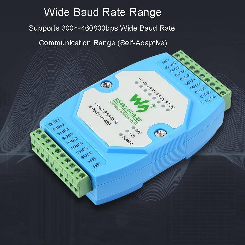 Waveshare RS485-HUB-8P Industrial-grade Isolated 8-ch RS485 Hub, Rail-mount Support, Wide Baud Ra...