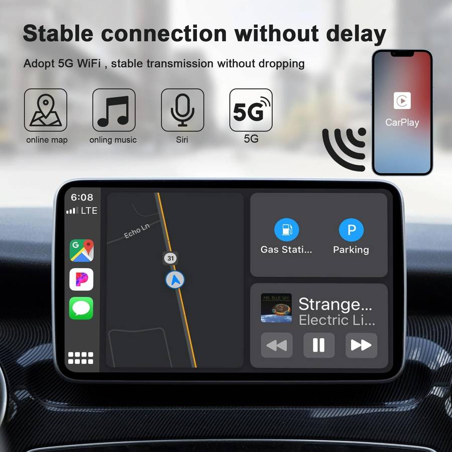 THT-020-2 USB + USB-C / Type-C Wired to Wireless Carplay Adapter for iPhone(Black)