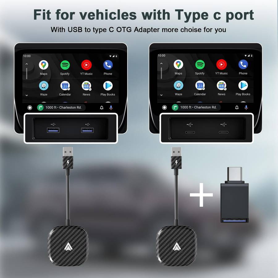 Carbon Fiber USB + USB-C / Type-C Wired to Wireless Carplay Adapter for Android(Black)