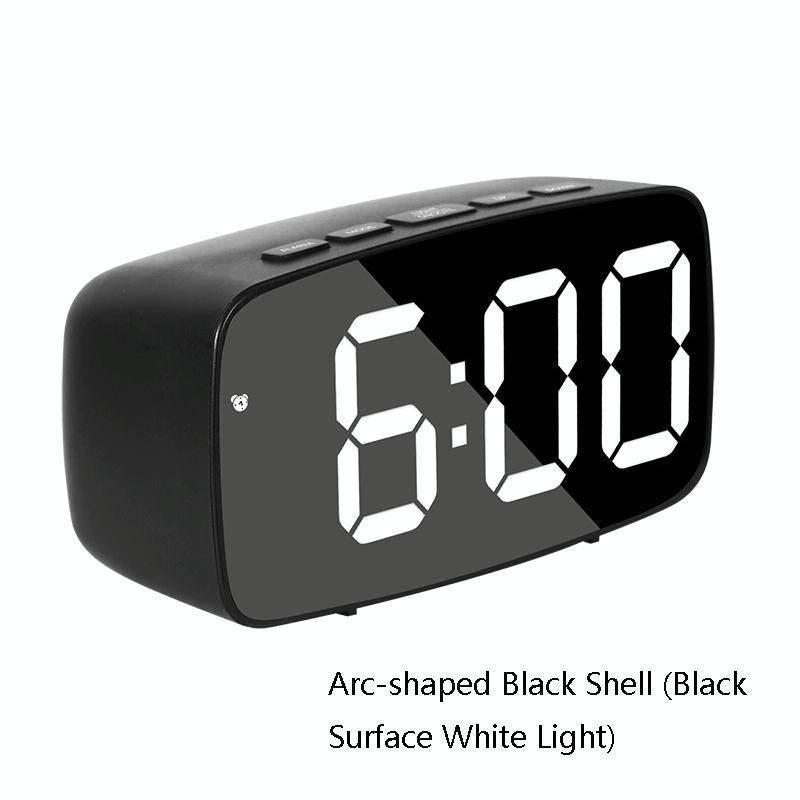 Mirror Bedside Alarm Clock Battery Plug-In Dual-Purpose LED Clock, Colour: Arc-shaped Black Shell...
