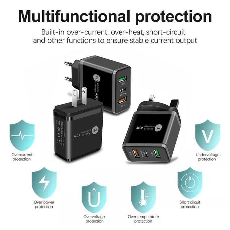 45W PD3.0 + 2 x QC3.0 USB Multi Port Quick Charger, EU Plug(White)